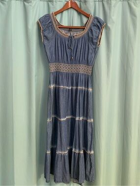 Smocked Waist Denim-Blue Maxi Dress with Tie Neck